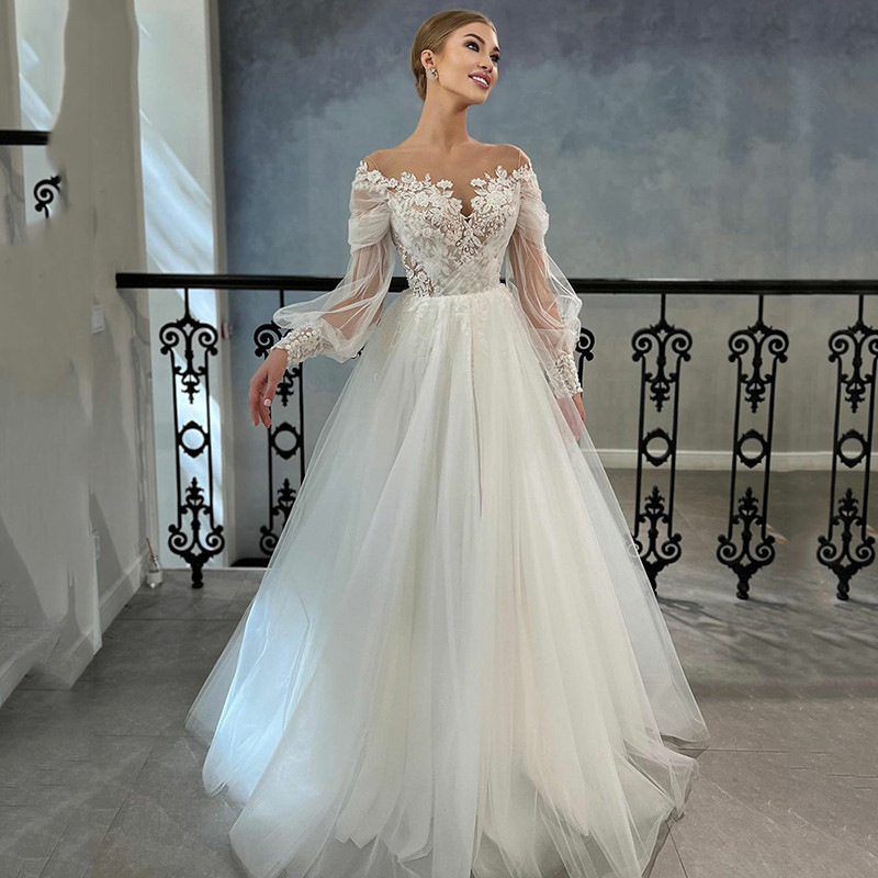 One-shoulder Long-sleeved Waist-cinching Figure-flattering Ball Gown Bridal Wedding Dress photo 3