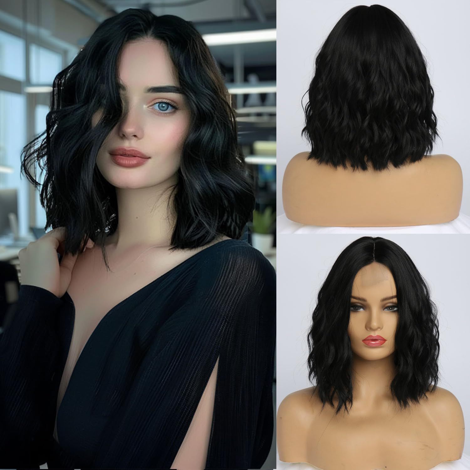 Womens Blunt Bangs Short Curly Wig, Water-wave Style photo 4