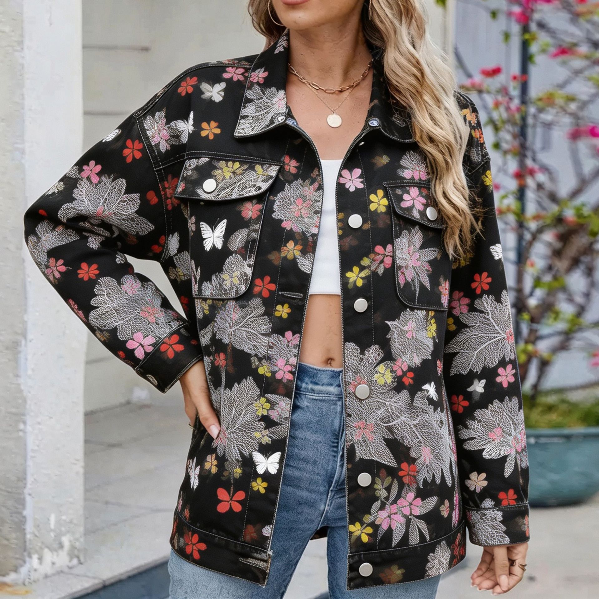 Women's Denim Jacket With All-Over Plant Print photo 4
