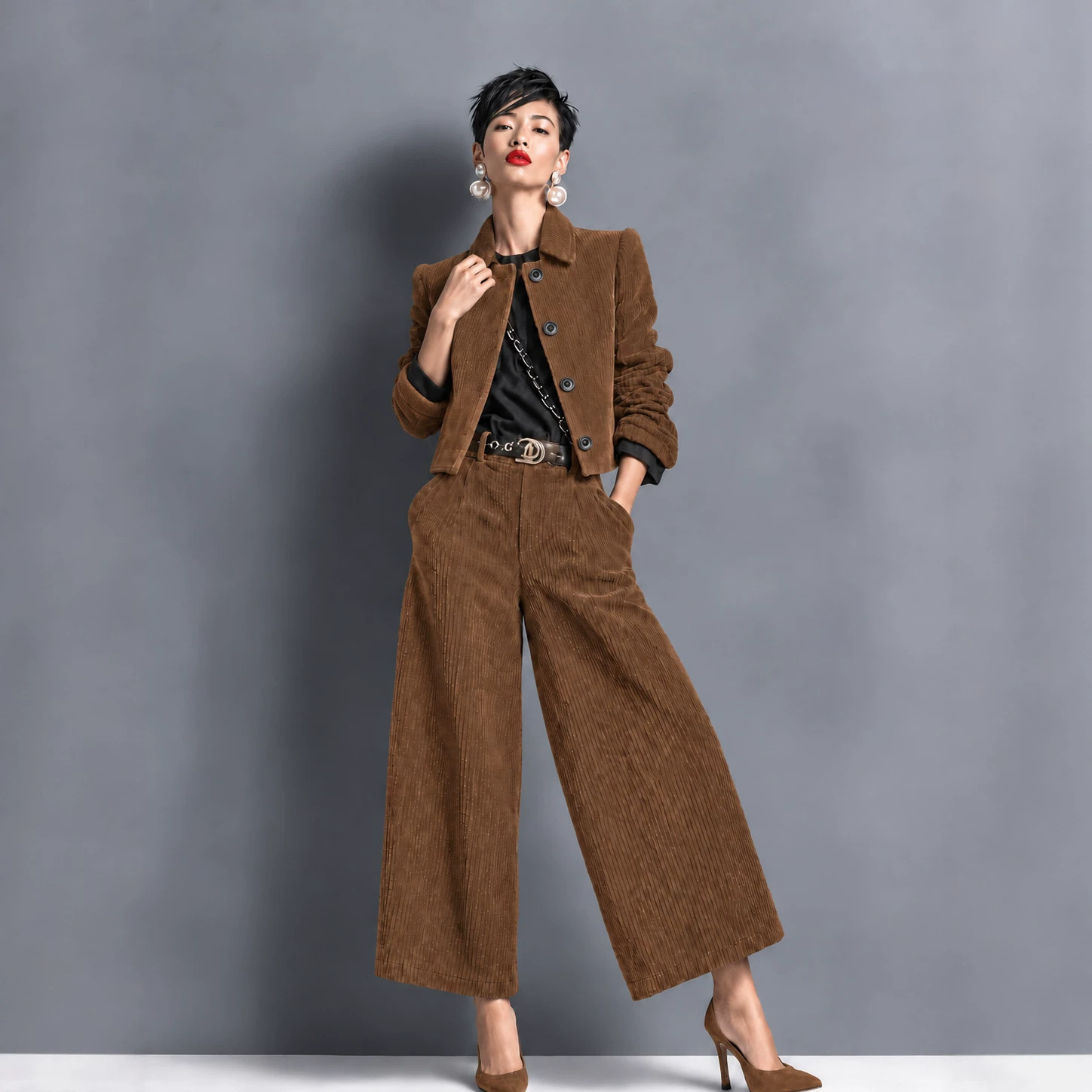 Corduroy Cropped Jacket And Wide-leg Pants Set photo 4