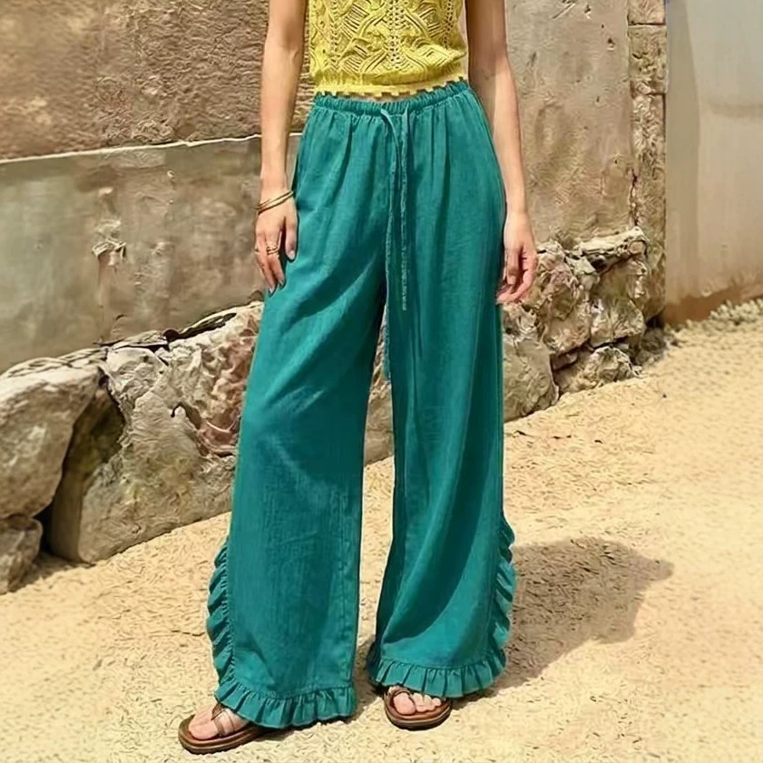 High Waisted Wide Leg Trousers With A Draped Ruffled Hem Casual Long Pants photo 8