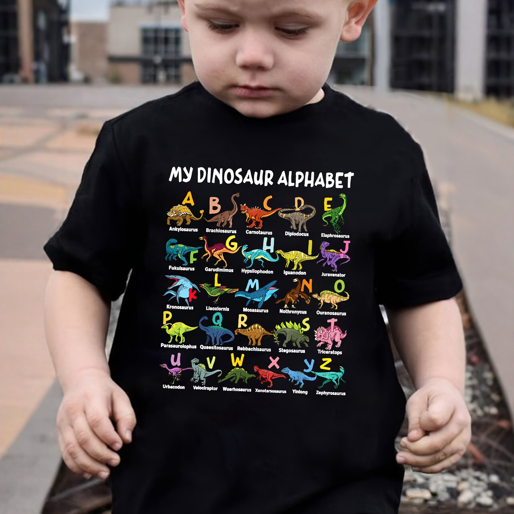 Boys Fashionable Short-sleeved Casual Top With A Dinosaur-themed 26-letter Print photo 1