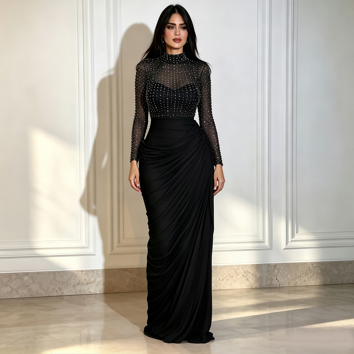 Mesh Long-sleeve Pleated Bodycon Sheath Dress photo 6