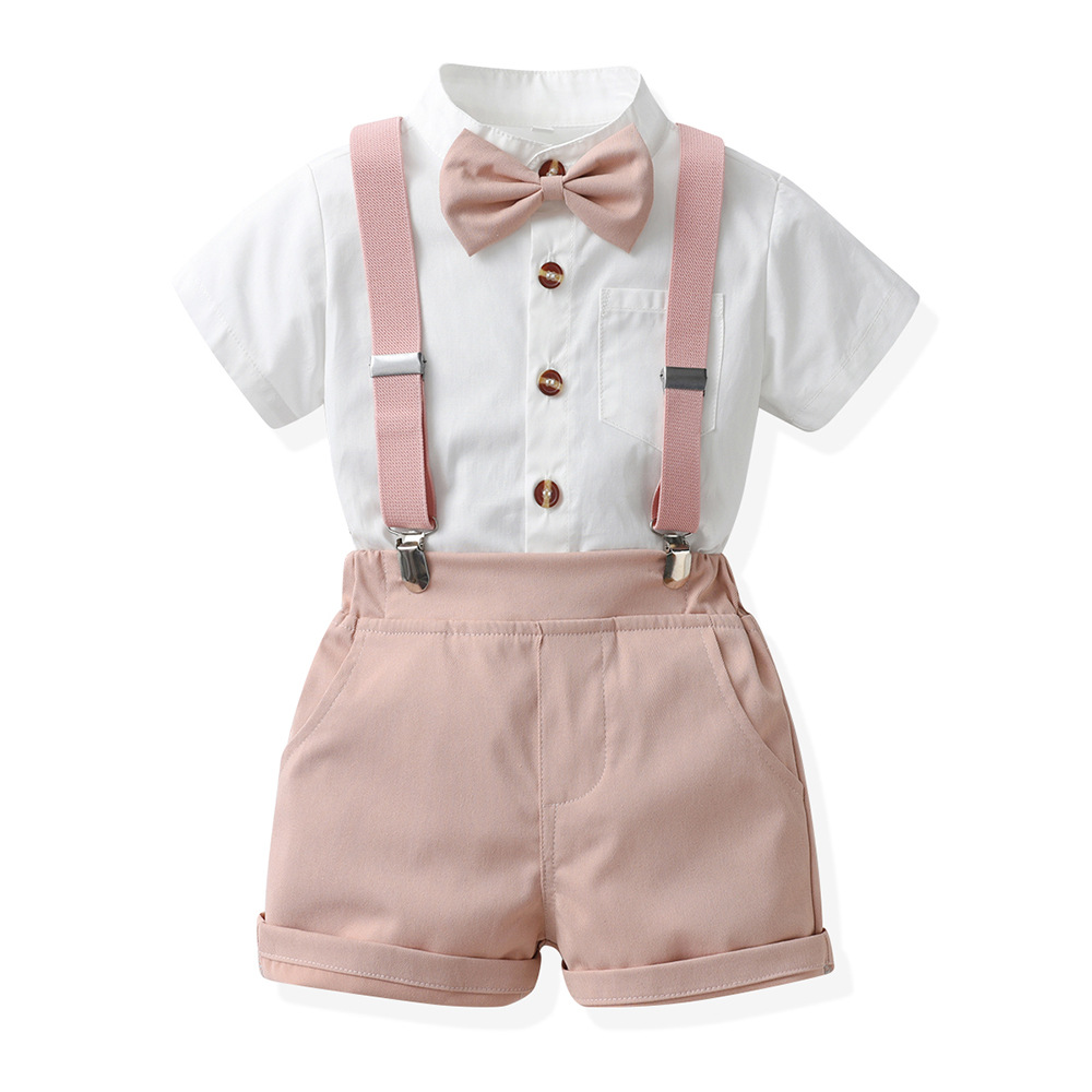 Boys Candy-Colored Stand-Neck Short-Sleeve Suspender Pants Set photo 2
