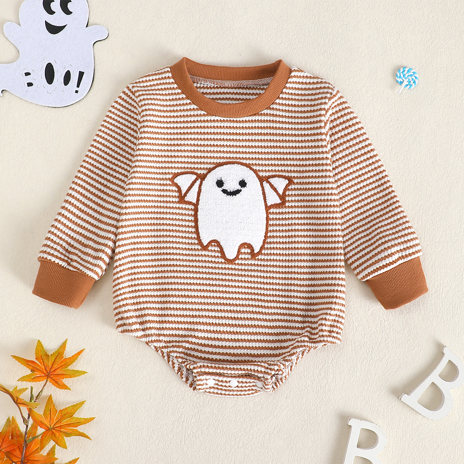 Baby Girl Waffle Knit Striped Long Sleeve Romper with Ghost Embroidery photo 3