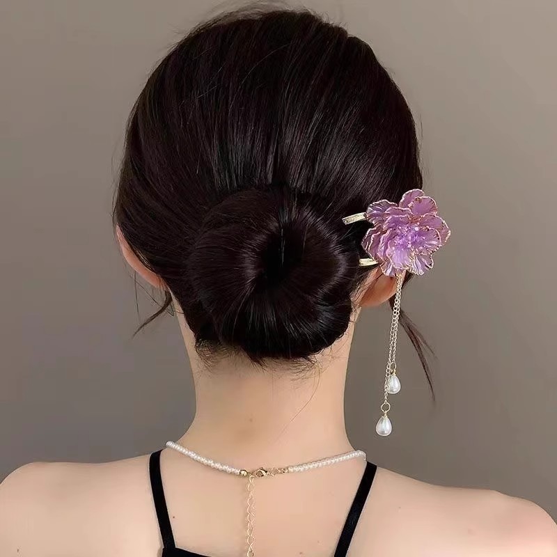Female Retro Exquisite Peony Flower Tassel U-shaped Hairpin photo 7
