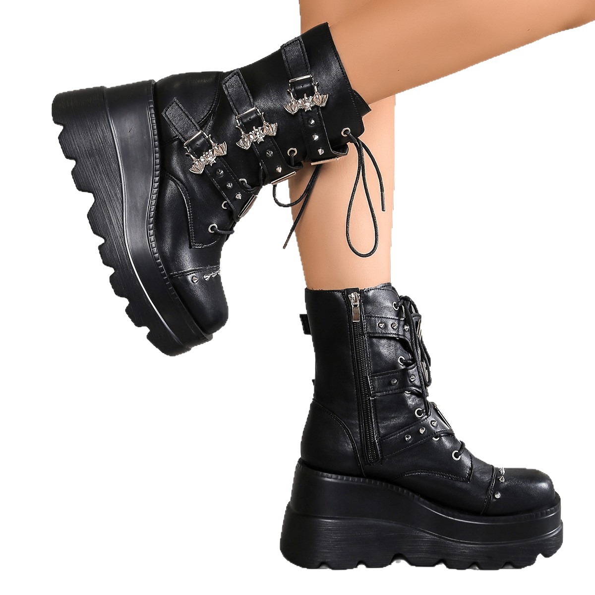Punk-style Studded Belt Buckle Platform Dr Boots photo 5