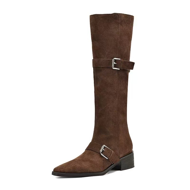 Women's Retro Cowhide Leather Belt-Clasp Chunky-Heel Western Cowboy Boots photo 3