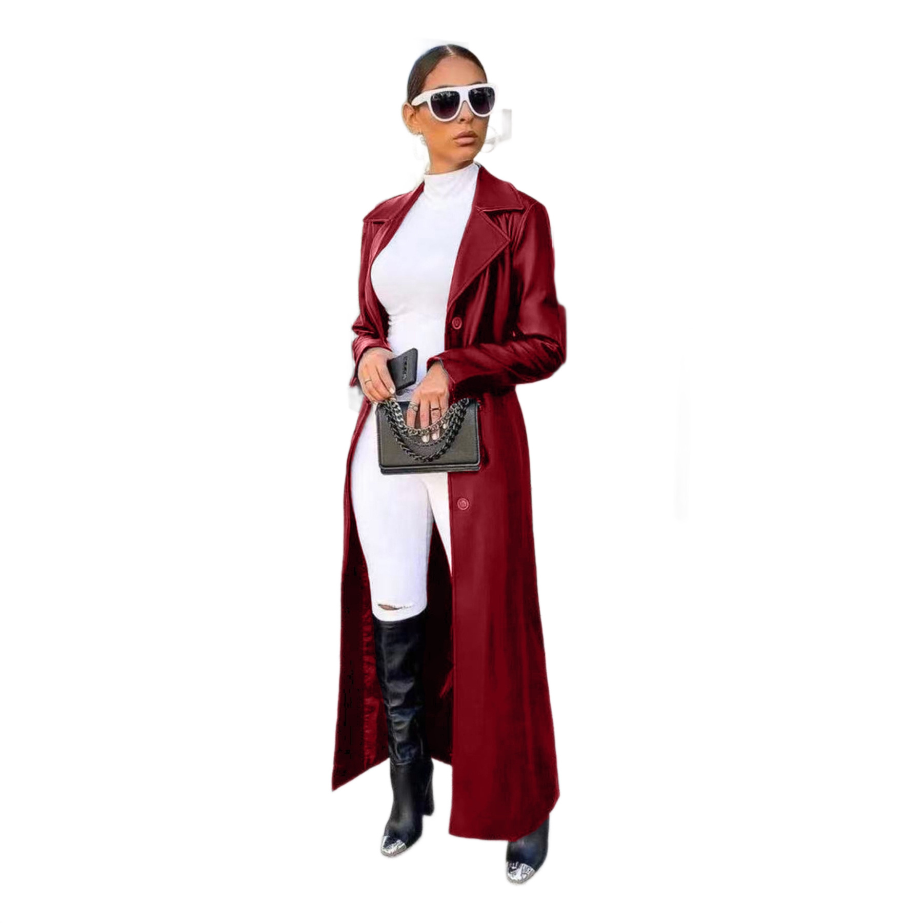 European And American-style Long-length Lapel PU Leather Jacket photo 7
