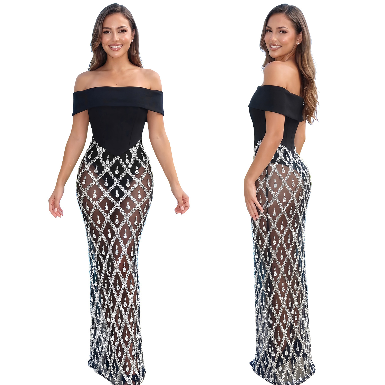 Womens Off-shoulder Strapless Sequined Party Dress photo 5
