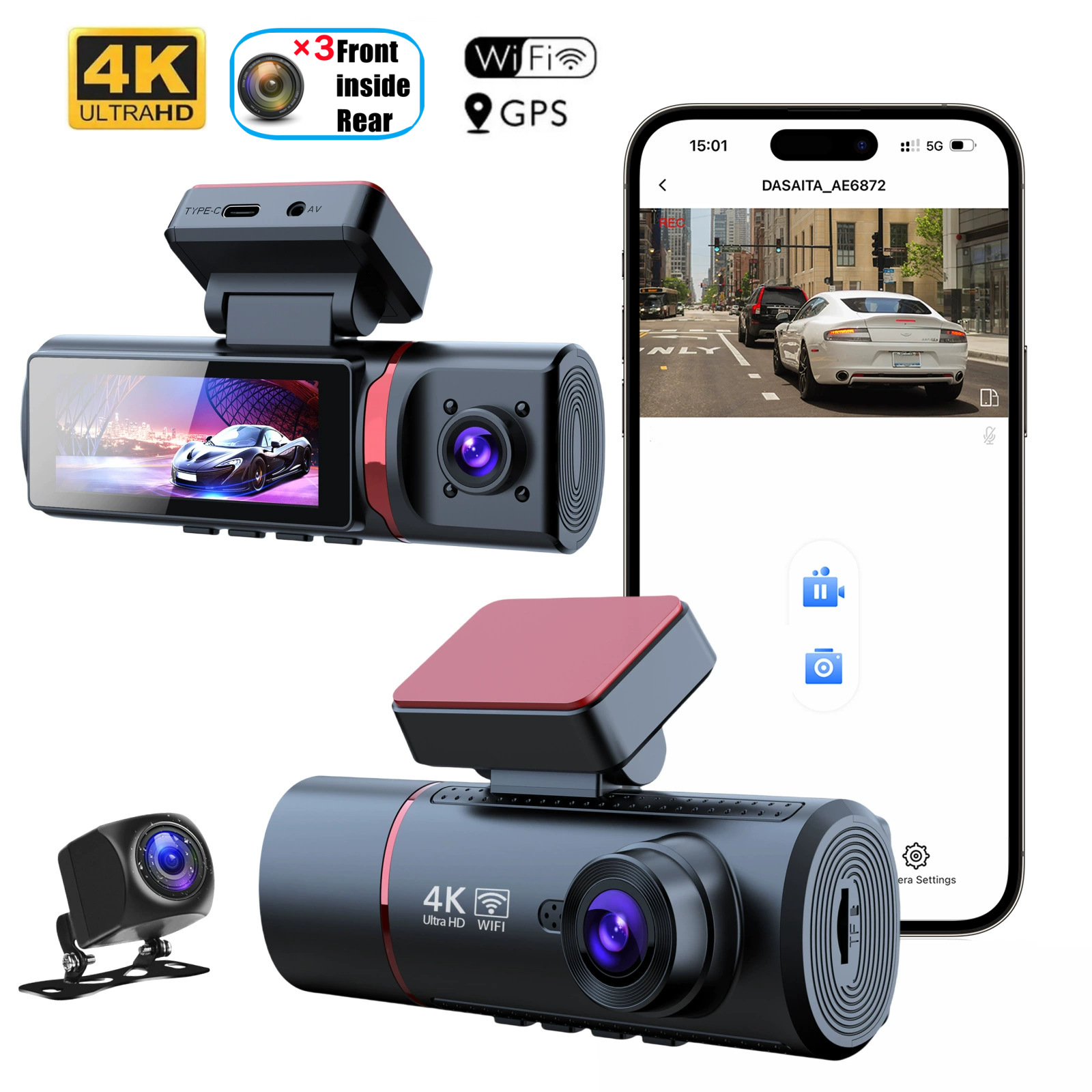 Driving Recorder 4K HD Front And Rear Three Recording WIFI Mobile Phone Interconnection photo 5