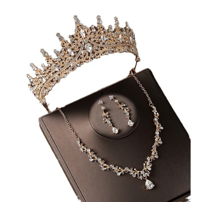 Crown Headdress Necklace Earrings Champagne Gold Vintage photo 6