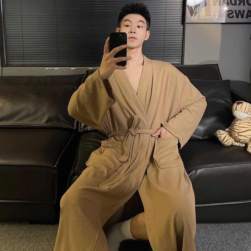 Mens Autumn Winter Solid-Color Belted Cardigan Robe photo 5