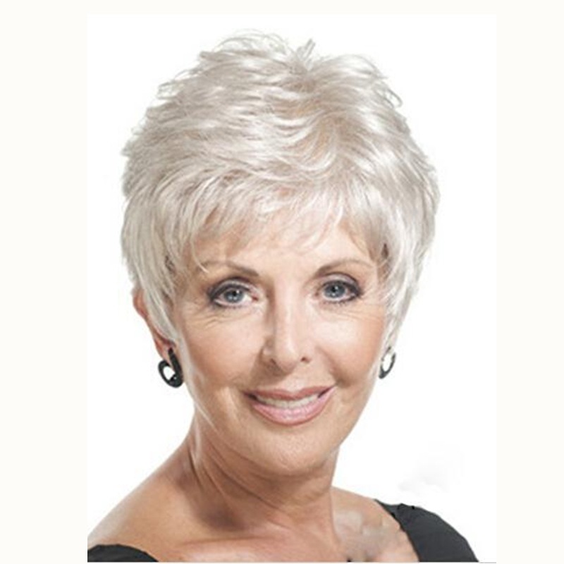 Stylish And Elegant White Short Straight Wig Moms Wig photo 1