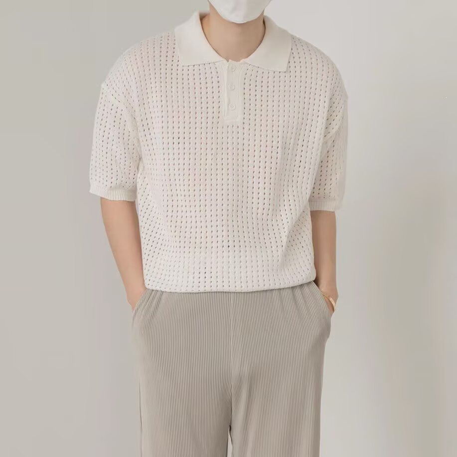 Mens Retro Solid-Color Half-Sleeve Lapel T-Shirt photo 4