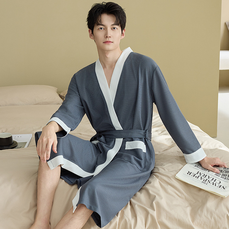 Mens Waffle-Weave Simple Casual Nightgown photo 4