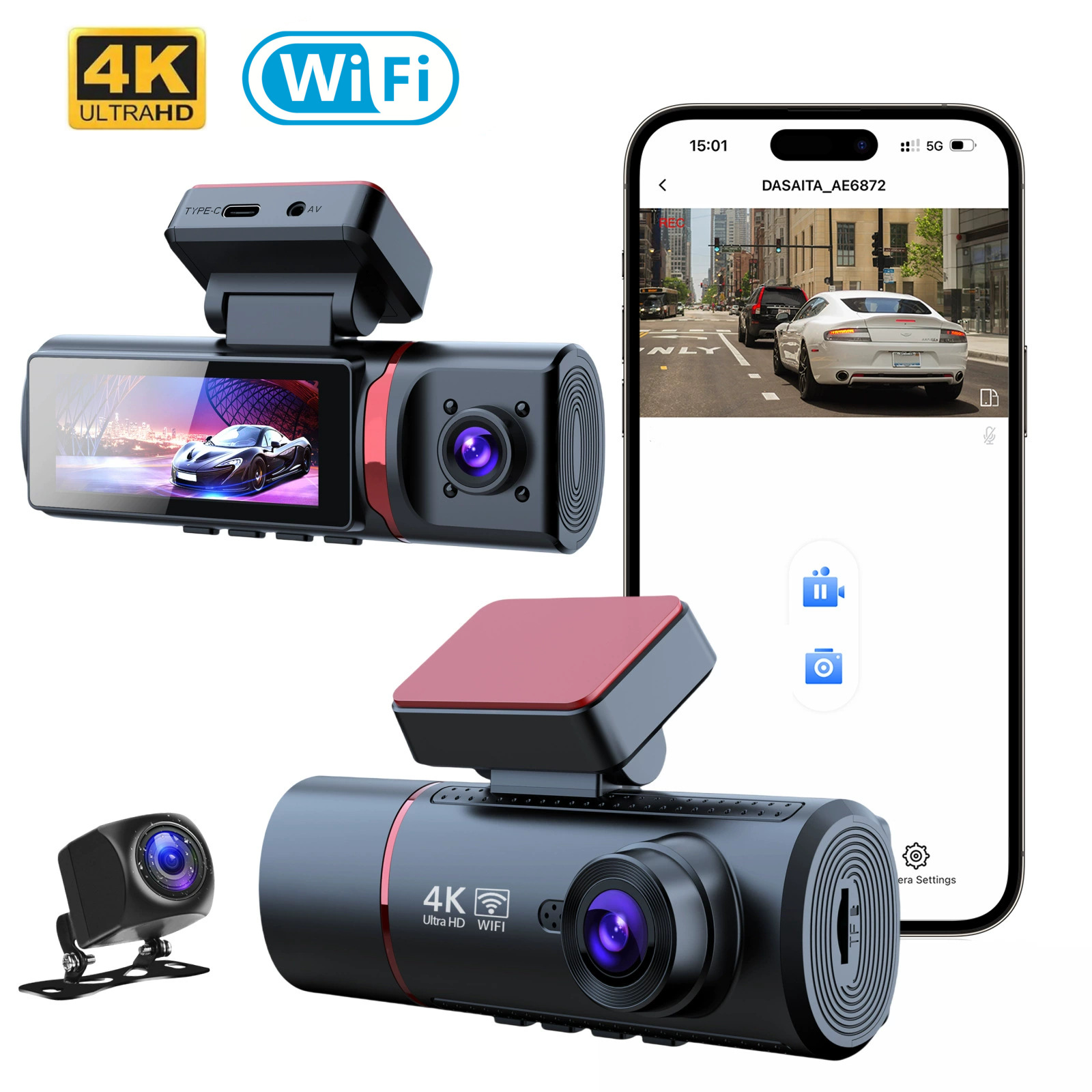 Driving Recorder 4K HD Front And Rear Three Recording WIFI Mobile Phone Interconnection photo 4