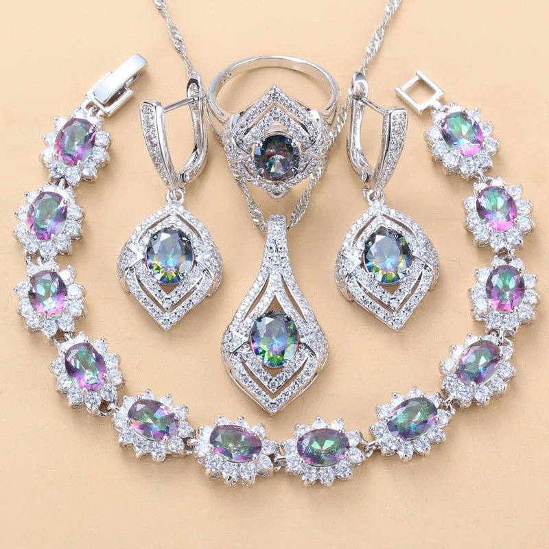 Inlaid Gemstone Pendant Earrings Necklace And Ring For Women 4 PCs Set photo 3