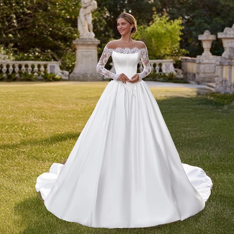 One-shoulder Lace Long-sleeve Satin Bridal Wedding Dress photo 3
