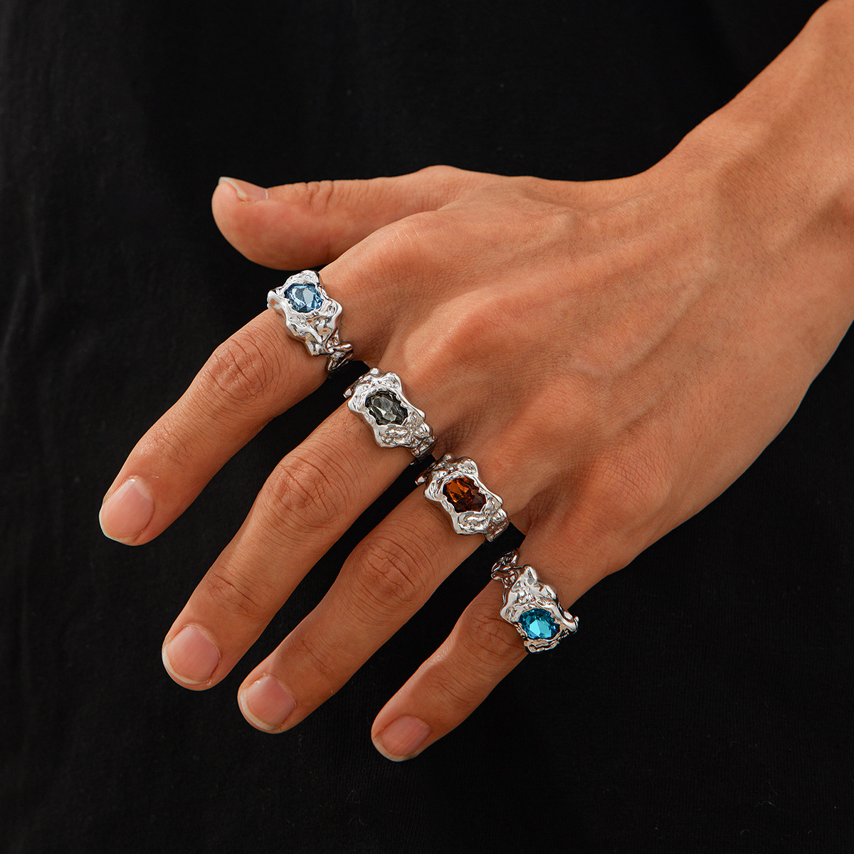 European And American Fashion Cool Pleated Lava Metal Gemstone Ring For Men photo 3