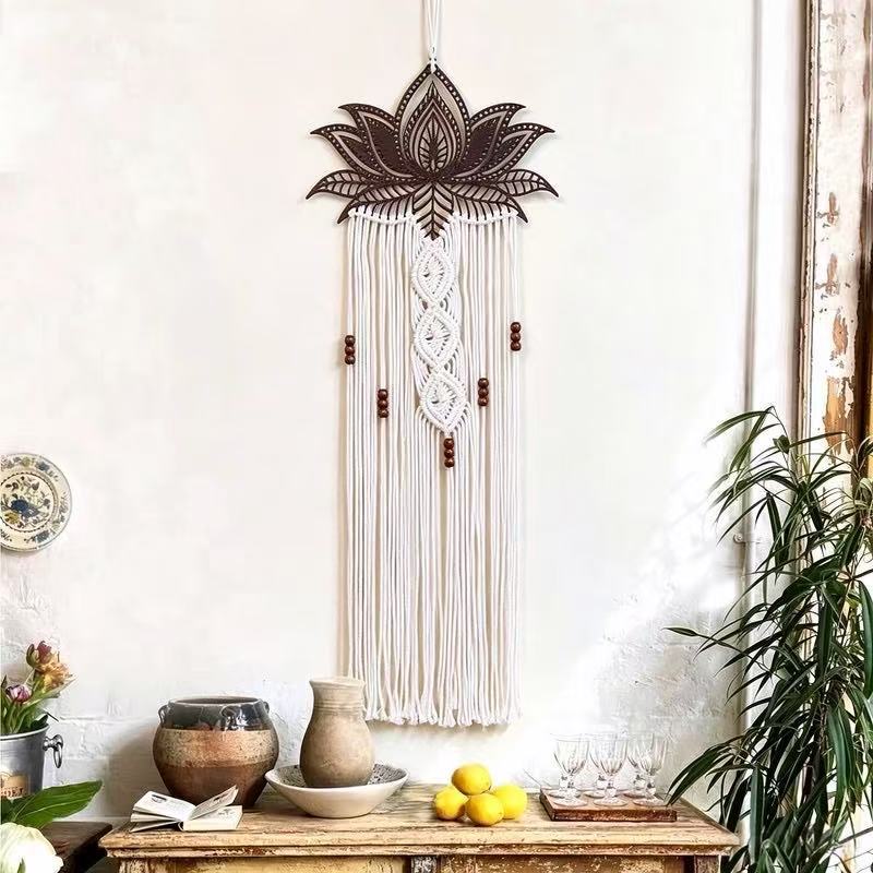 Bohemian Lotus Woven Iron Tapestry with Tassels - Handmade Cotton Rope Wall Hanging for Living Room and Guesthouse Decor photo 8