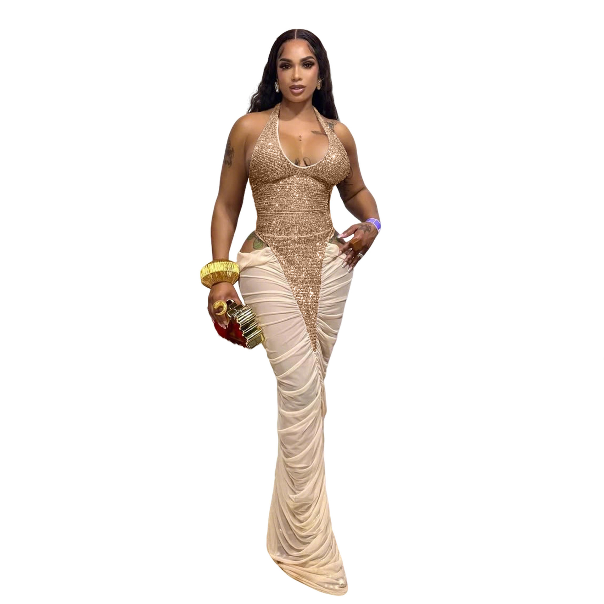 High-slit Mesh Panel Sequin Halter Gown photo 7
