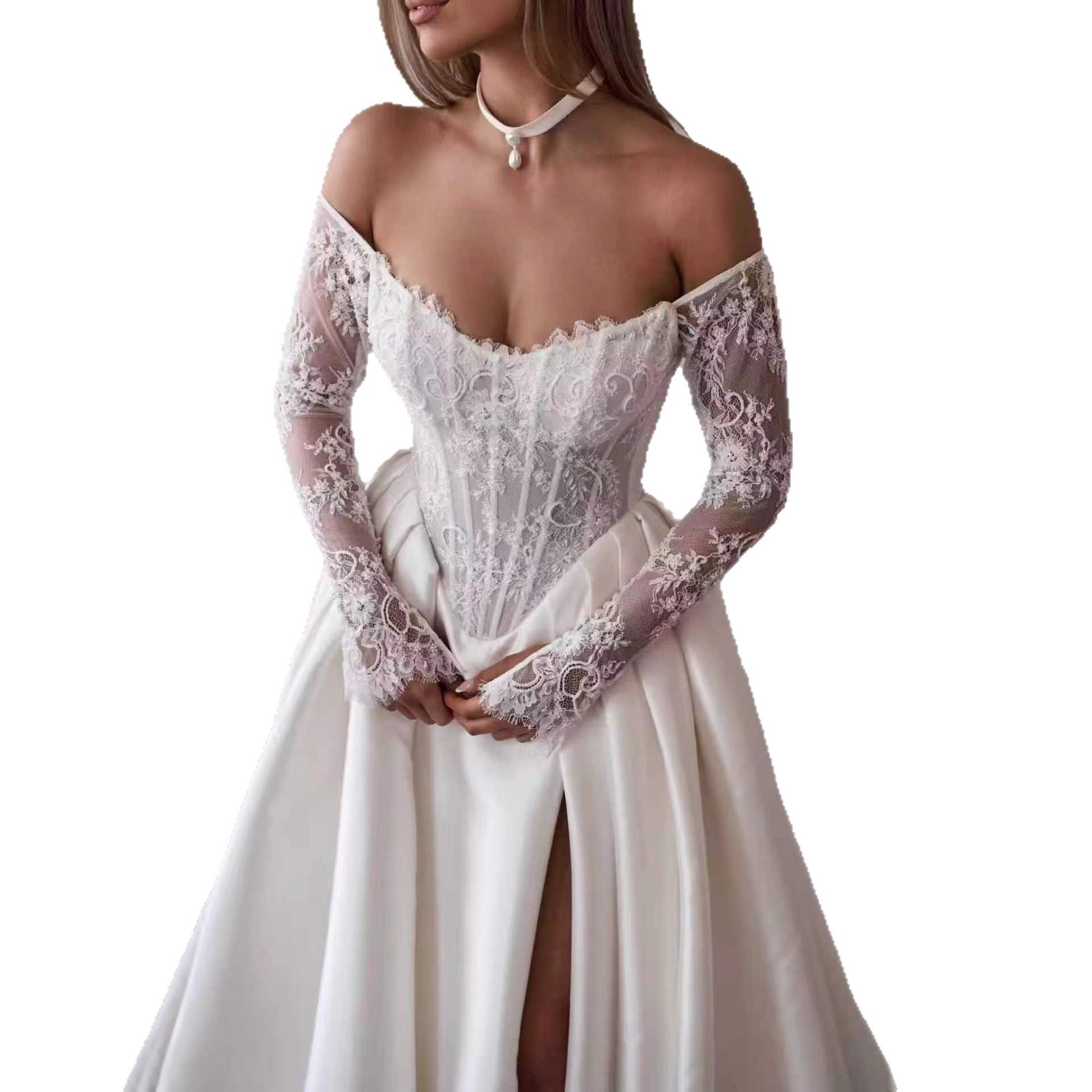 One-shoulder Lace Long-sleeve Wedding Dress photo 2