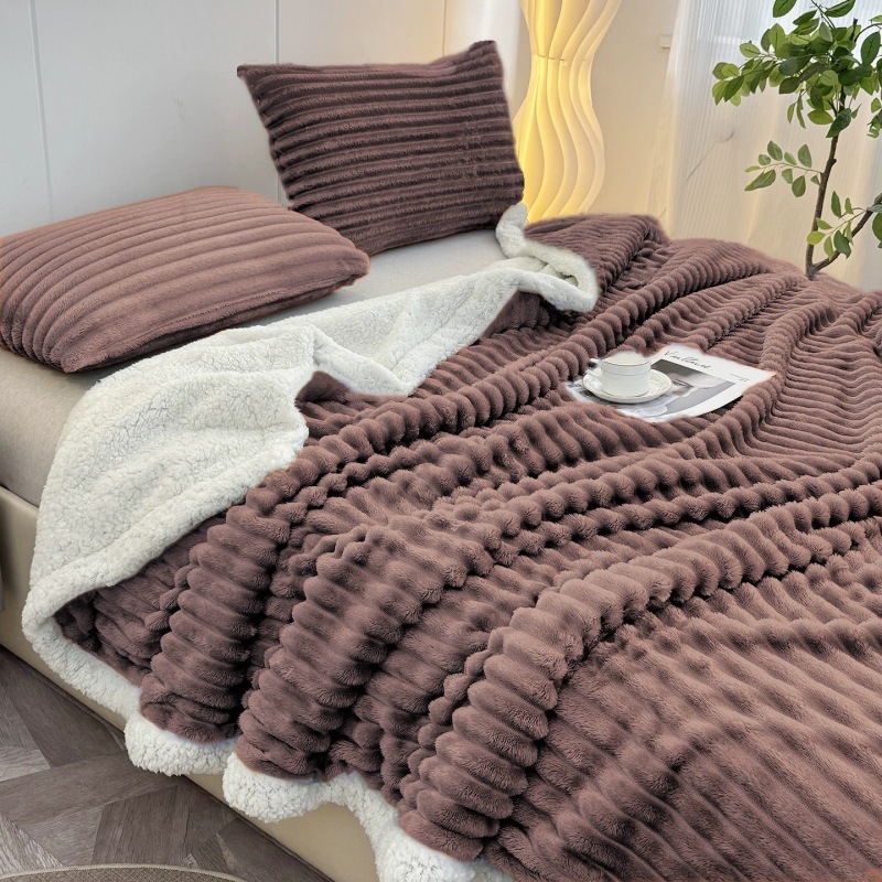 New Double-layer Striped Lambswool Flannel Blanket photo 3