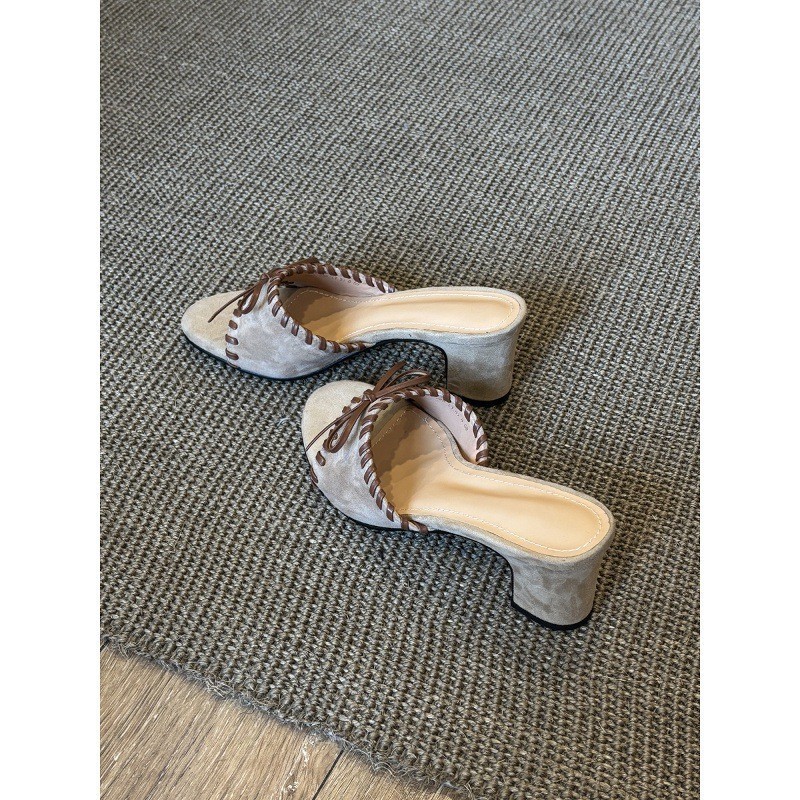 Retro Bow-knot High-heeled Woven Slide Sandals photo 6