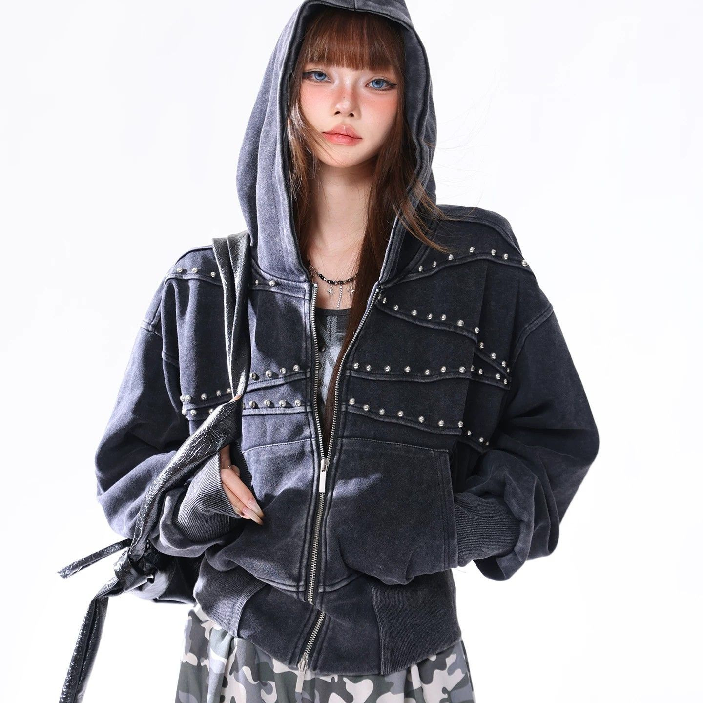 Vintage Distressed Waist-cinched Hooded Sweatshirt Versatile Womens Jacket photo 1
