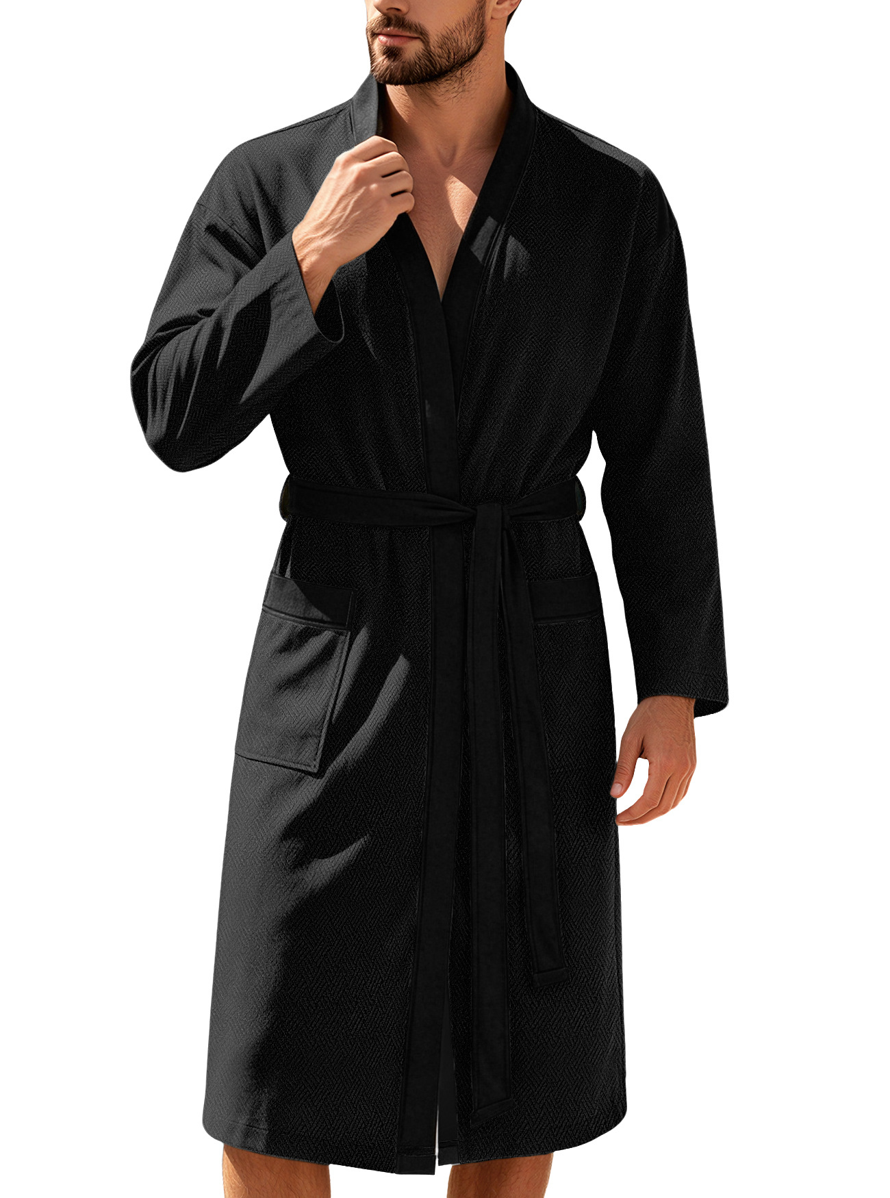 Mens Twill Terry Cloth Casual Long Robe With Two Pockets And Drawstring Tie photo 4