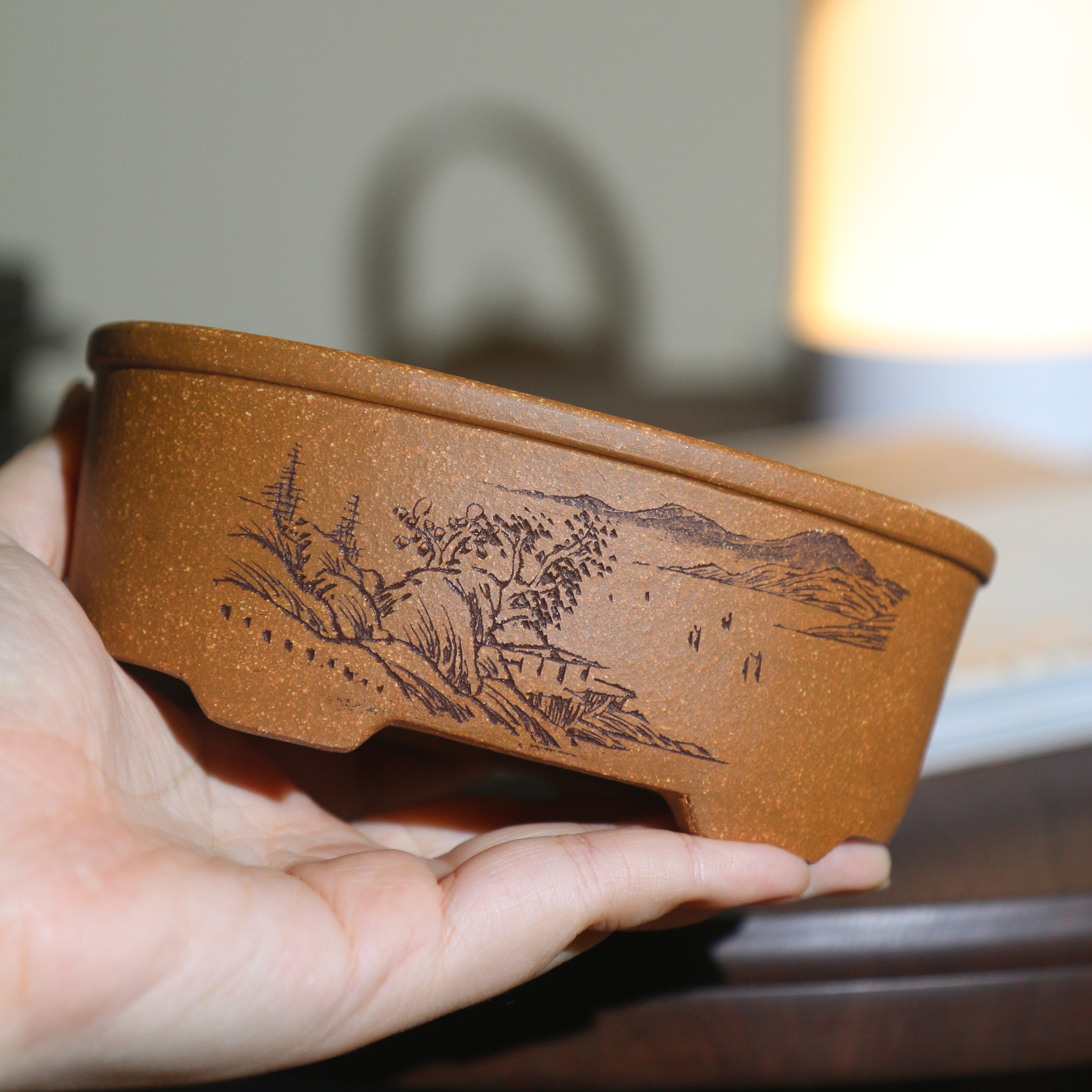 Oval Hand-engraved Dihua Clay Desktop Yixing Flower Pot photo 6