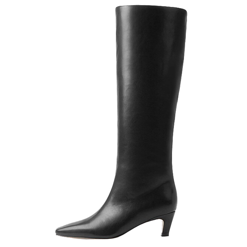 French Minimalist-style Square-toe Kitten-heel Over-the-knee Straight-leg Leather Booties photo 6