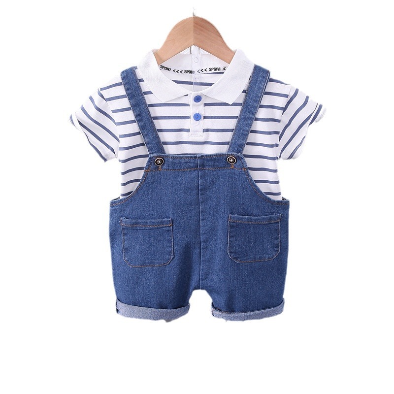 Boys Striped Lapel Denim Dungaree Set 2-Piece photo 2
