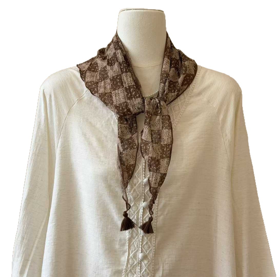 Lightweight Floral Plaid Tassel Triangle Scarf photo 7