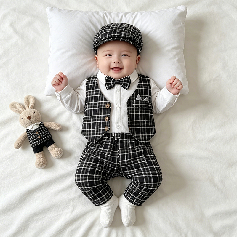 Childrens Fashion Plaid Vest And Trousers Three-Piece Set photo 7