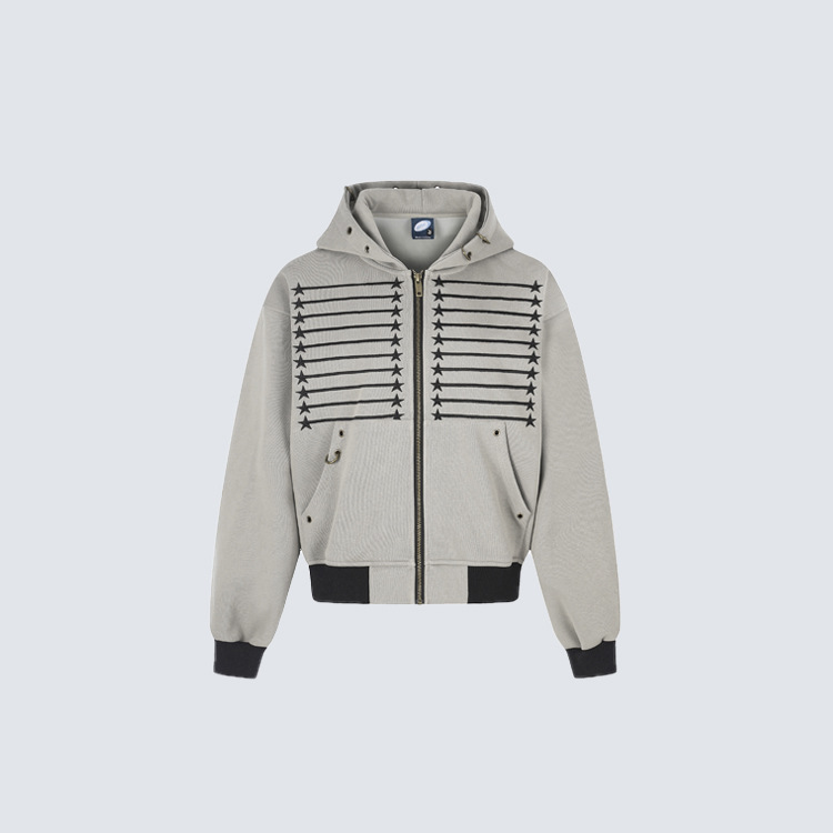 Hooded Cardigan Short-length Zip-up Sweatshirt With Star Embroidery photo 2
