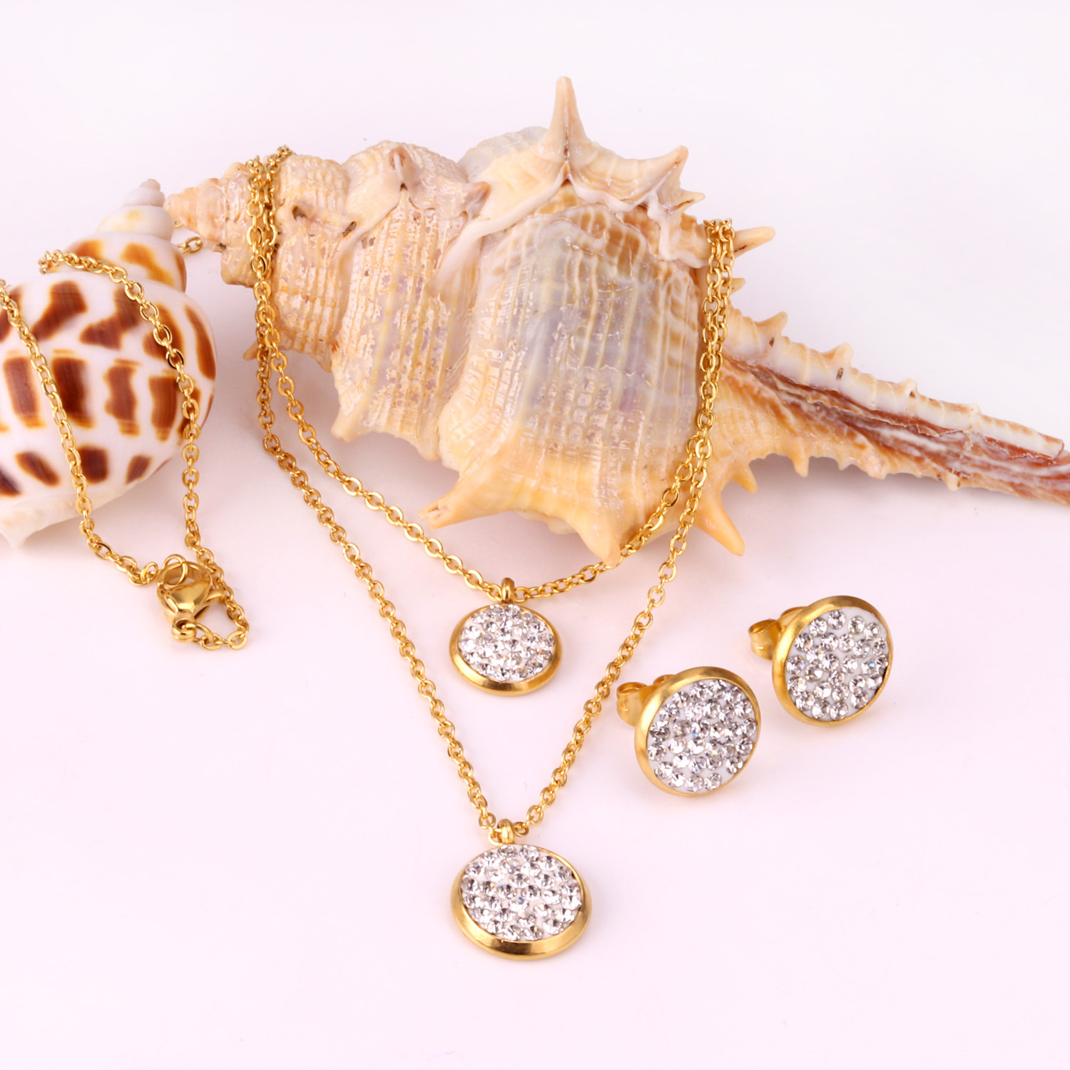 White Mud Pendant Double Chain Gold Stainless Steel Jewelry Set For Women photo 1