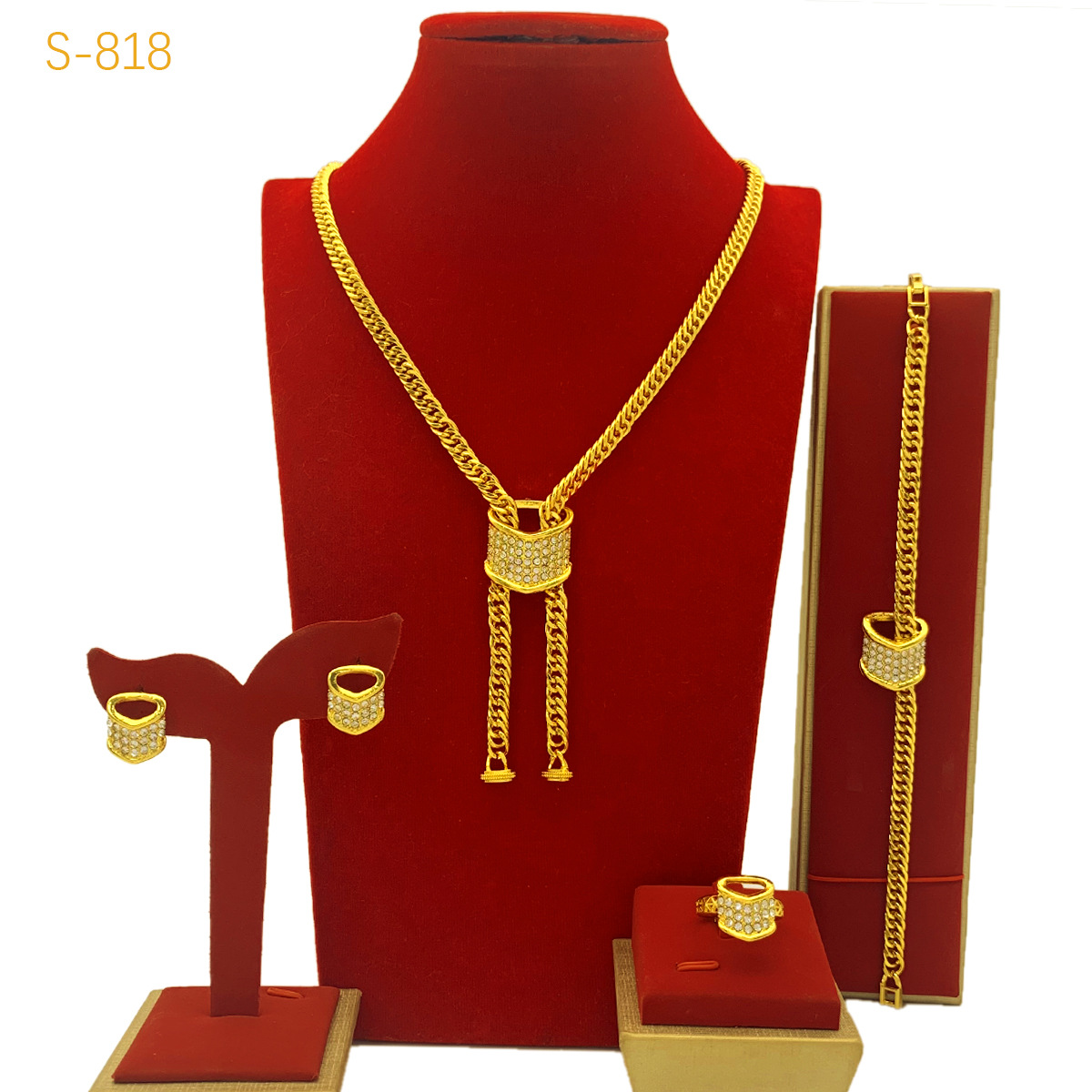 Best-selling Dubai Bride 24k Gold-plated Necklace Bracelet Earring Ring Four-piece Set photo 2