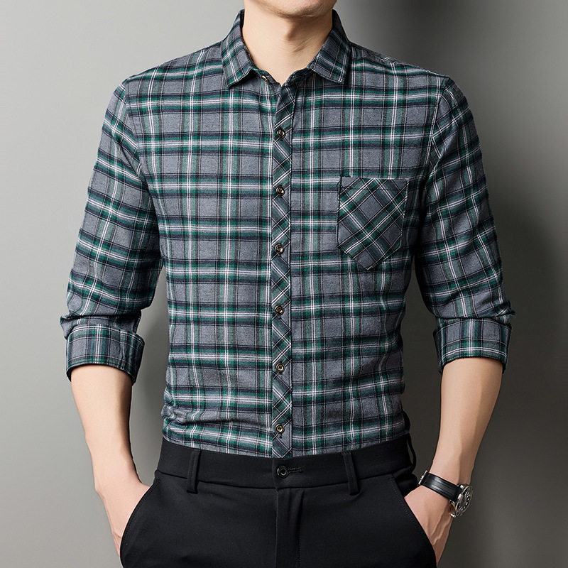 Breathable Fashionable Plaid Long-sleeve Printed Shirt For Middle-aged Men photo 5