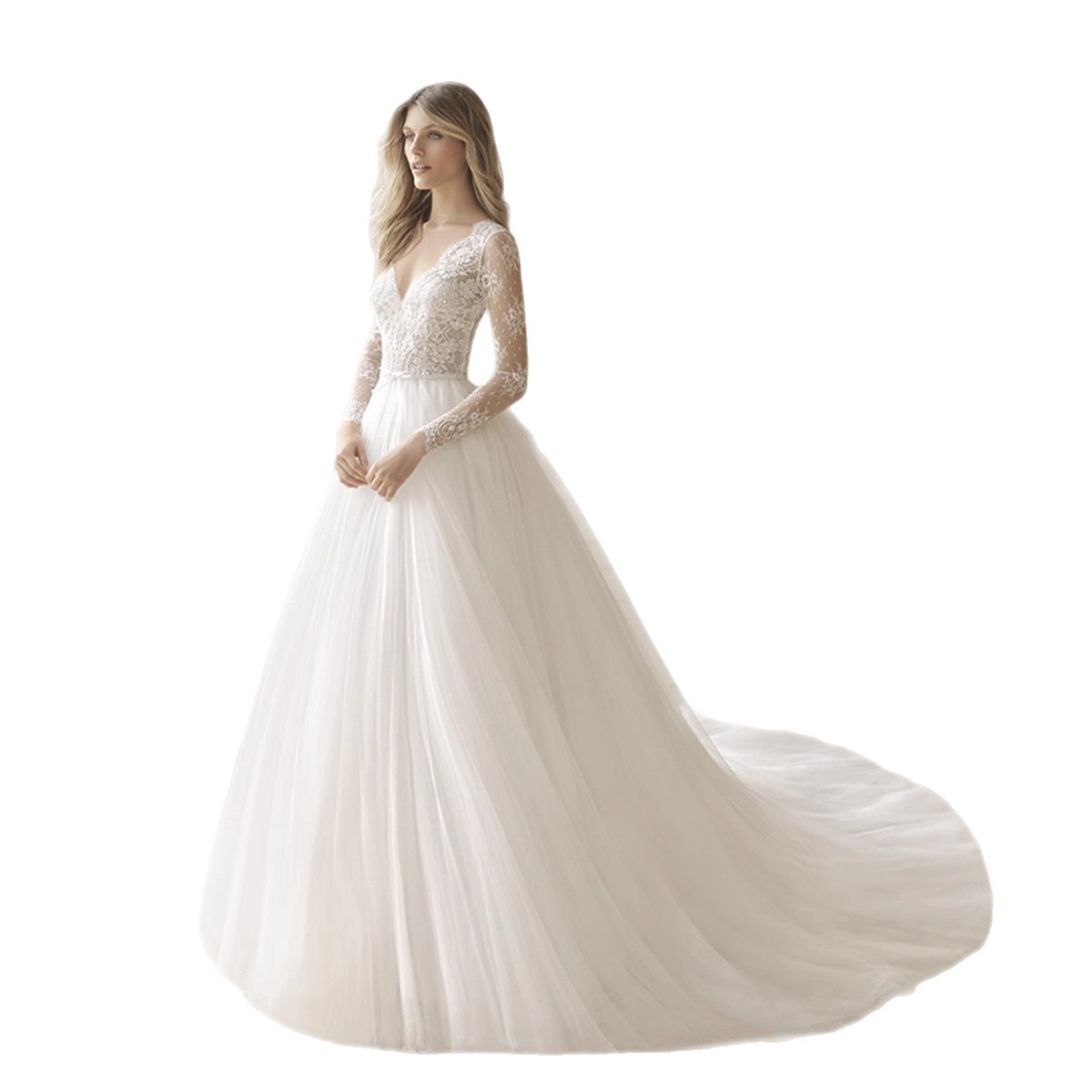 Elegant Lace Long Sleeve V-Neck Wedding Dress Bridal Gown With Delicate Detailing For Ceremony photo 7