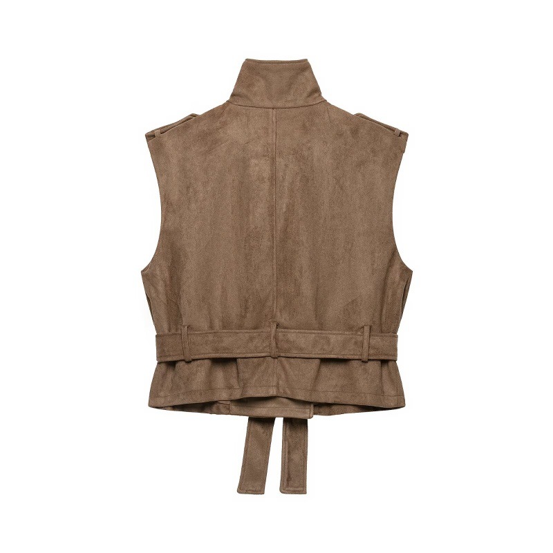 Autumnal Maillard-style Stand-collar Suede Vest With Belt photo 2