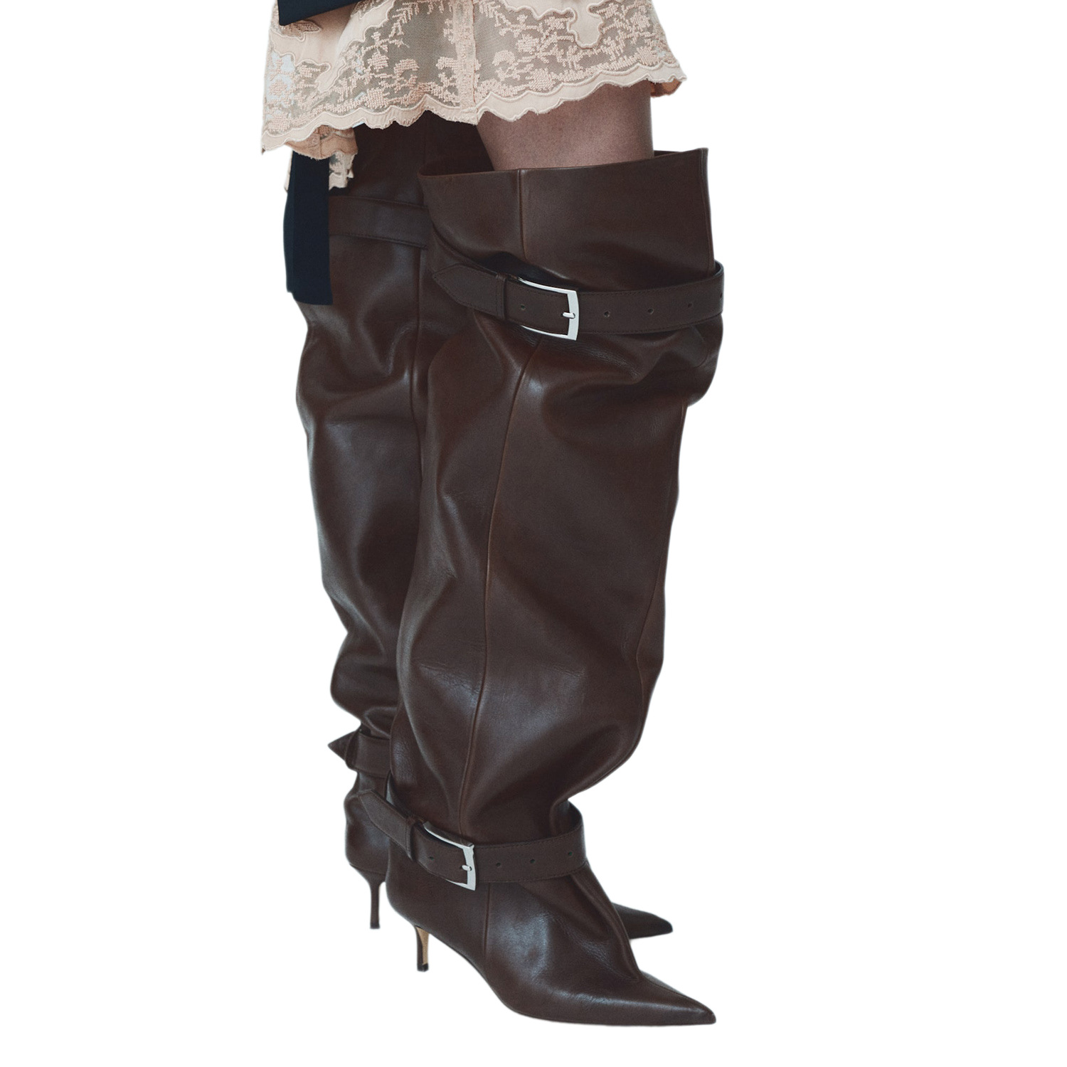 Pointed-toe Low-heeled Buckle-decorated Over-the-knee Womens Boots photo 2