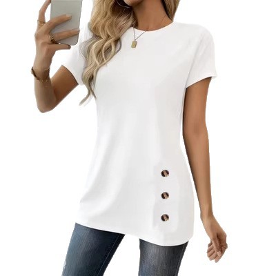 Round-neck Short-sleeve Top With Faux Button Detailingelegant And Versatile photo 3