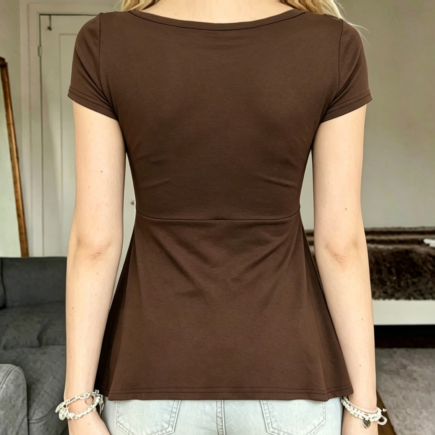 Summer Womens Retro Bow-tie Square-neck Loose-fit Short-sleeve Top photo 2