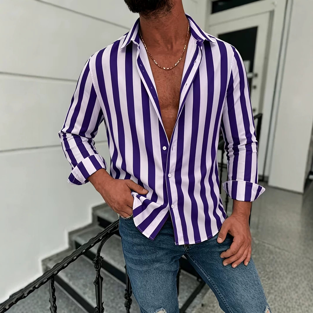 American-style Casual Men's Striped Long-sleeve Shirt photo 7