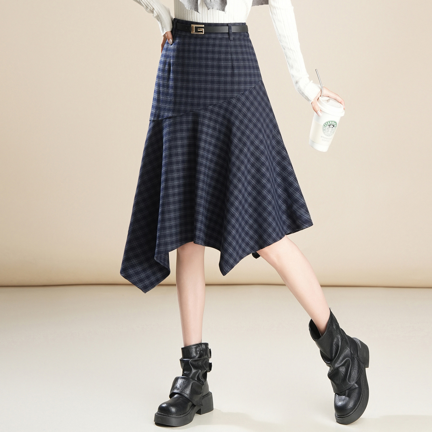 Wool Plaid Irregular Hem High Waisted Skirt - Women's Asymmetric A-Line Mini Skirt for Autumn Winter Casual Wear photo 2