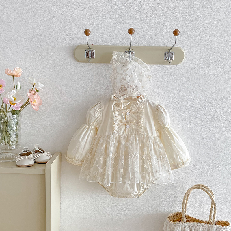 Sweet Baby Clothes Bodysuit, Pinafore Dress, Long-sleeve Soft Lace Romper, And Hat photo 2