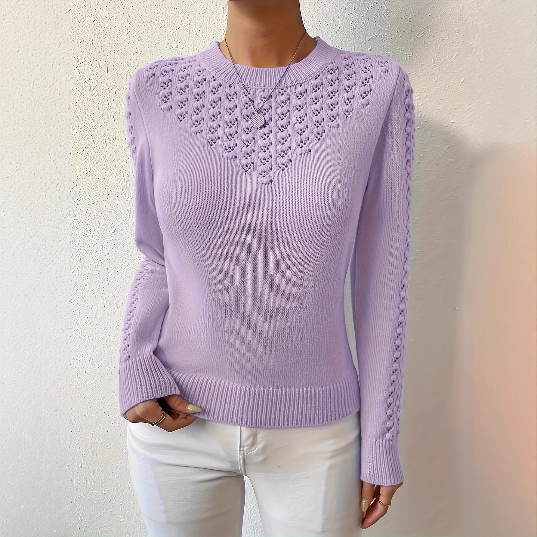 Solid-color Hollow-out Knit Crew-neck Long-sleeve Sweater photo 3