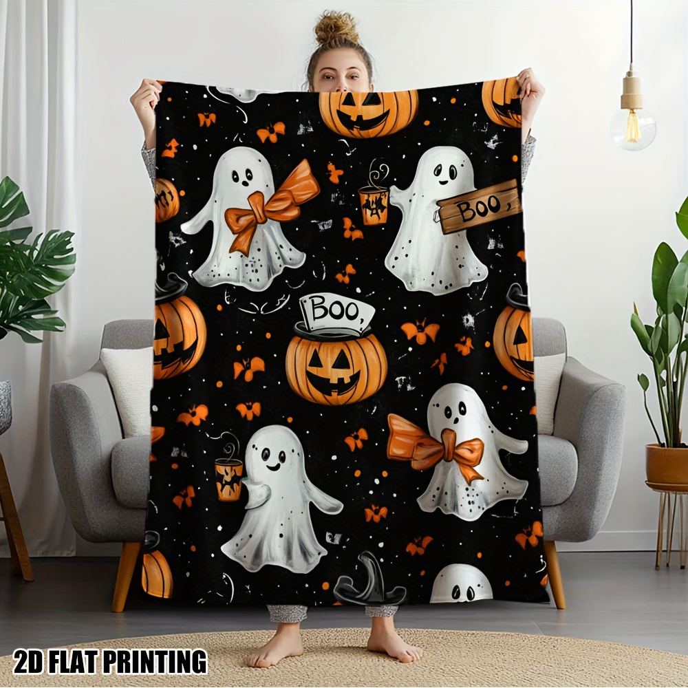 Flannel Blanket Halloween Cute Cat Pumpkin Design Party Decorative Blanket photo 6